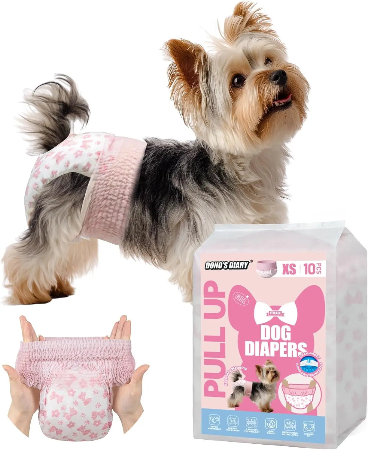 Dono Disposable Pull It up Female Dog Diapers, 360° Stretchy Waist Puppy Diapers, Super-Absorbent Doggie Diapers with Rapid-Dry Technology Leak-Proof Design for Doggy in Heat Period,Perfect for Summervibes and Petlovers