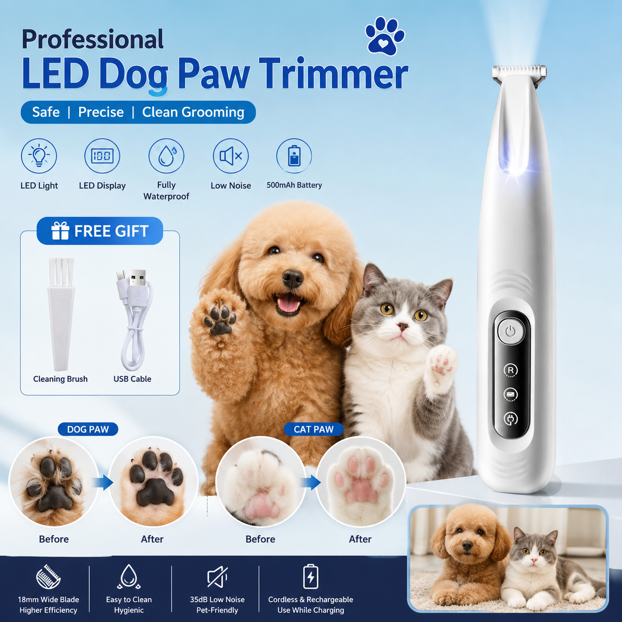 🚿🐶 Professional LED Dog Paw Trimmer | Fully Waterproof Pet Hair Clipper with Digital Display & Extra-Wide 18mm Blade for Precise Grooming ✨