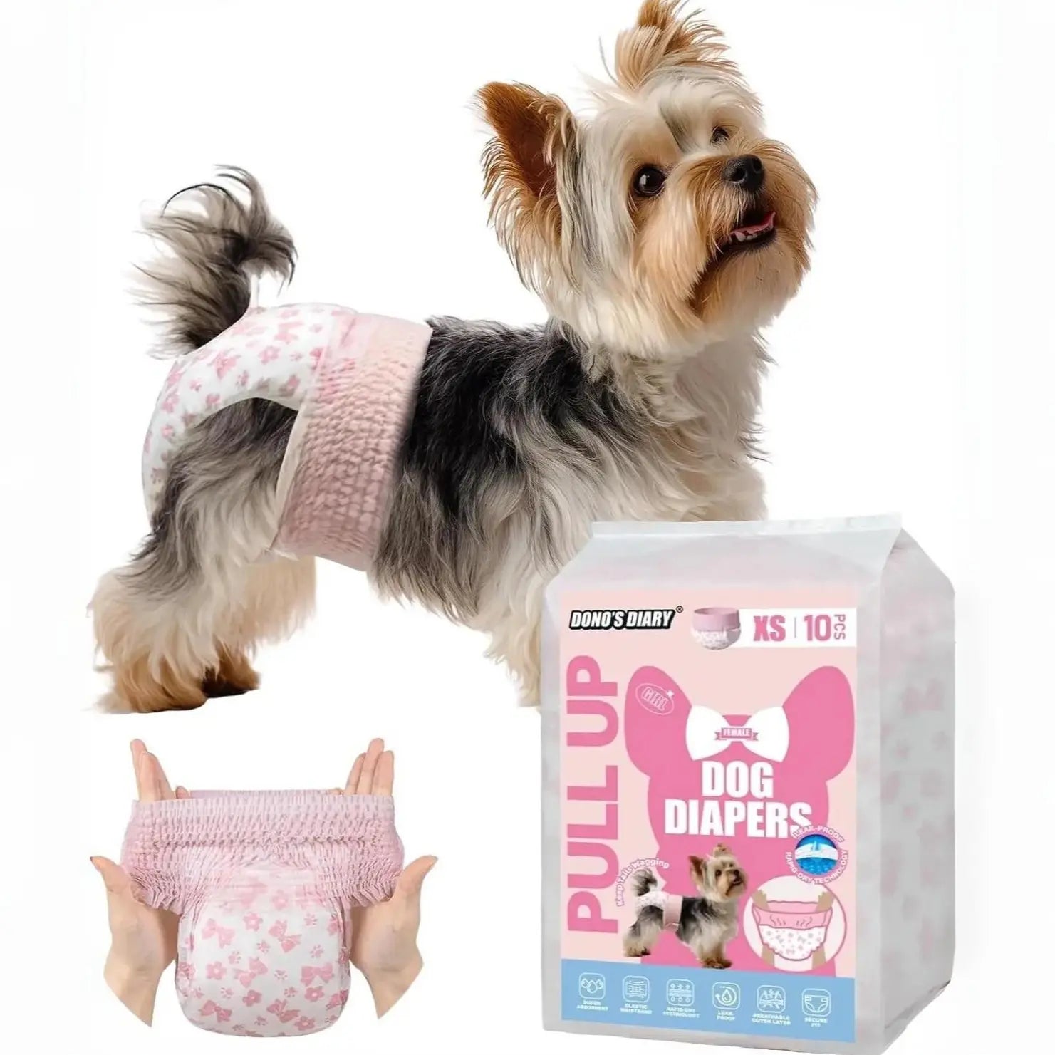 Dono Disposable Pull It up Female Dog Diapers, 360° Stretchy Waist Puppy Diapers, Super-Absorbent Doggie Diapers with Rapid-Dry Technology Leak-Proof Design for Doggy in Heat Period,Perfect for Summervibes and Petlovers